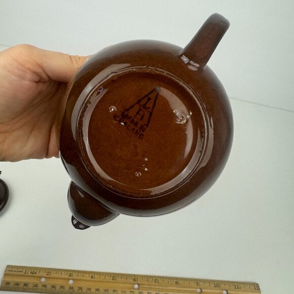 Vtg Single Serve Brown Genuine Old English Redware Teapot w Green Tan Stripes - Picture 13 of 13